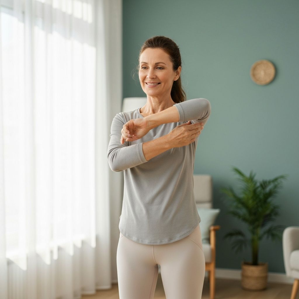 Woman doing gentle arm circles and shoulder rotation exercises at home